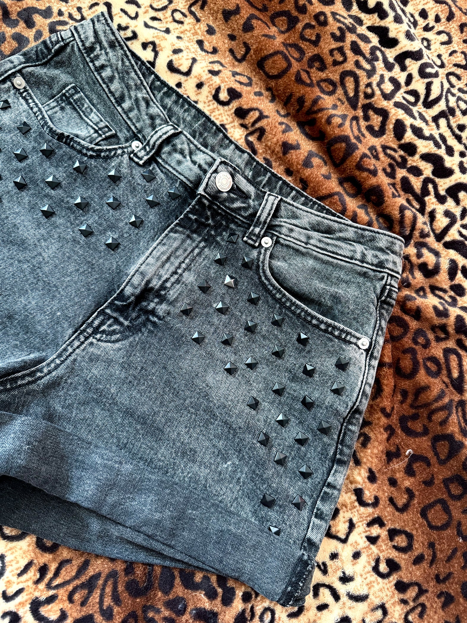 MothMan Matte Black Studded Denim Shorts