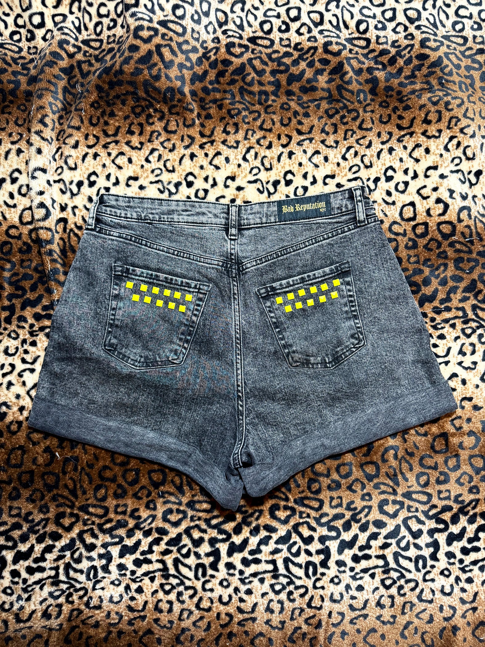 Neon Studded Cuffed Denim Shorts