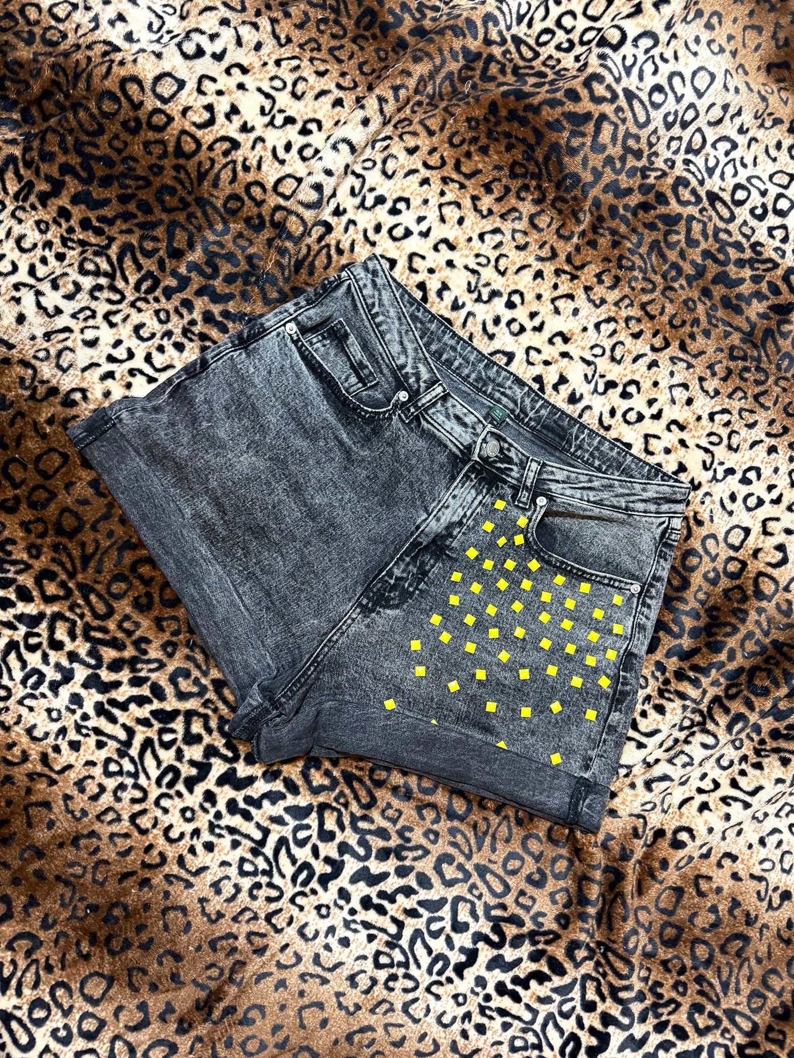 Neon Studded Cuffed Denim Shorts
