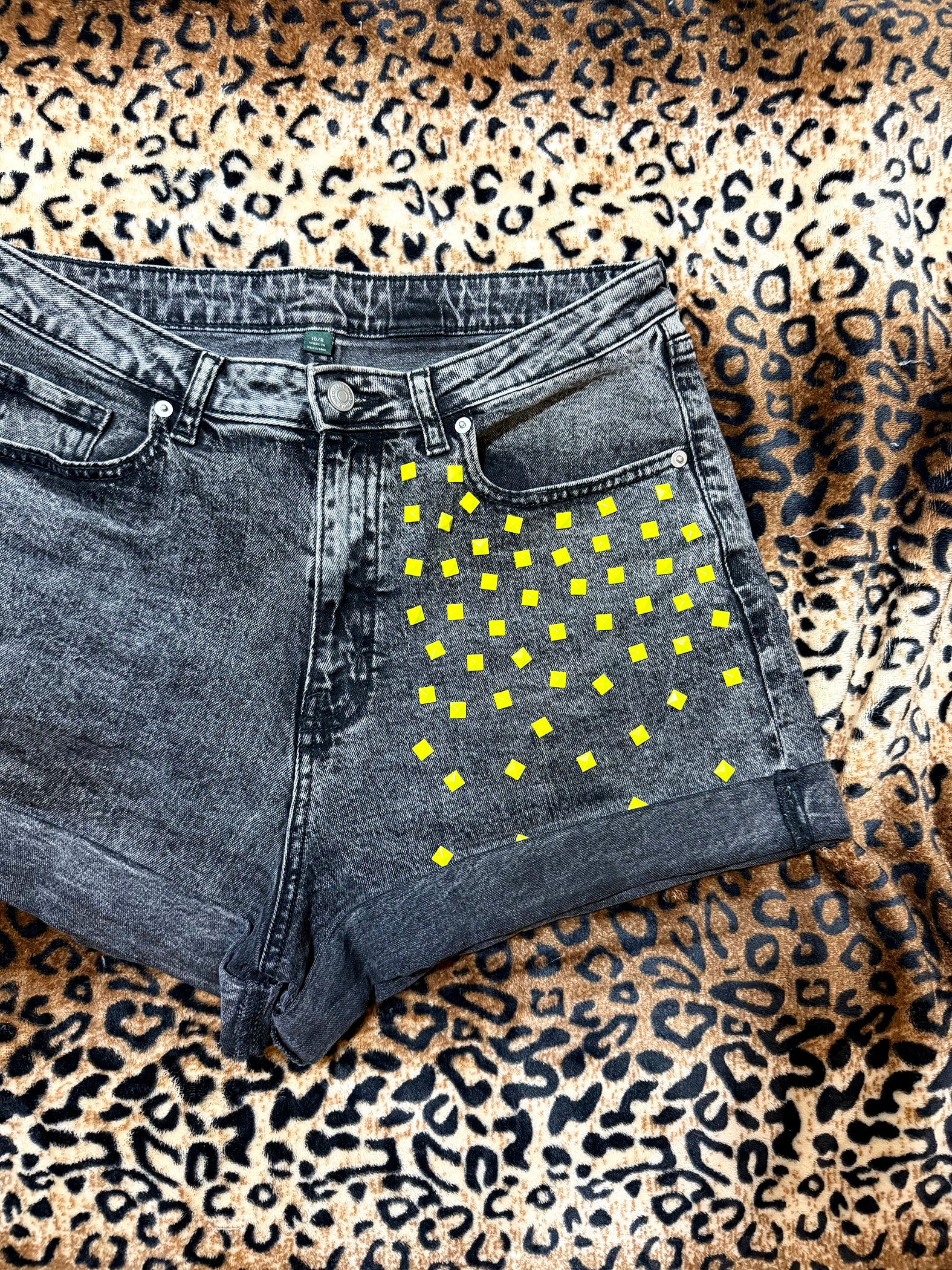 Neon Studded Cuffed Denim Shorts