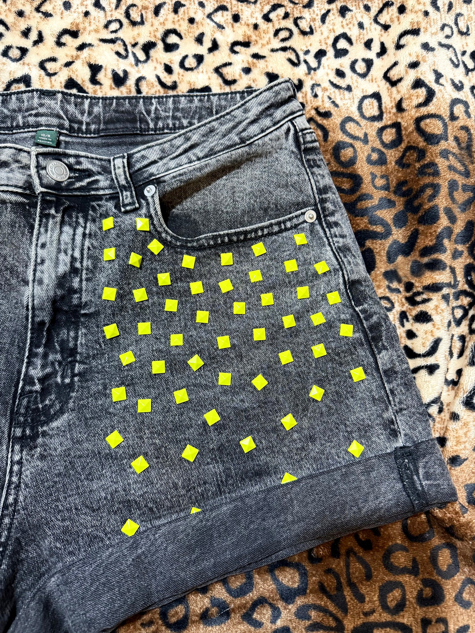 Neon Studded Cuffed Denim Shorts