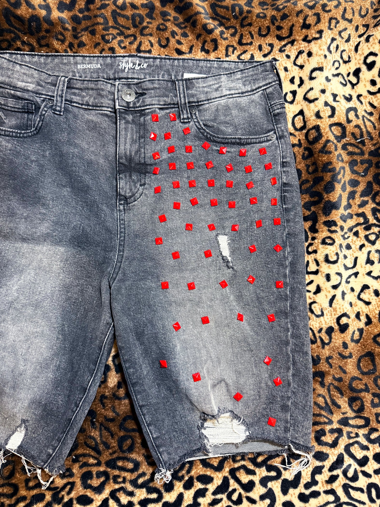 Red Studded Distressed Denim Shorts
