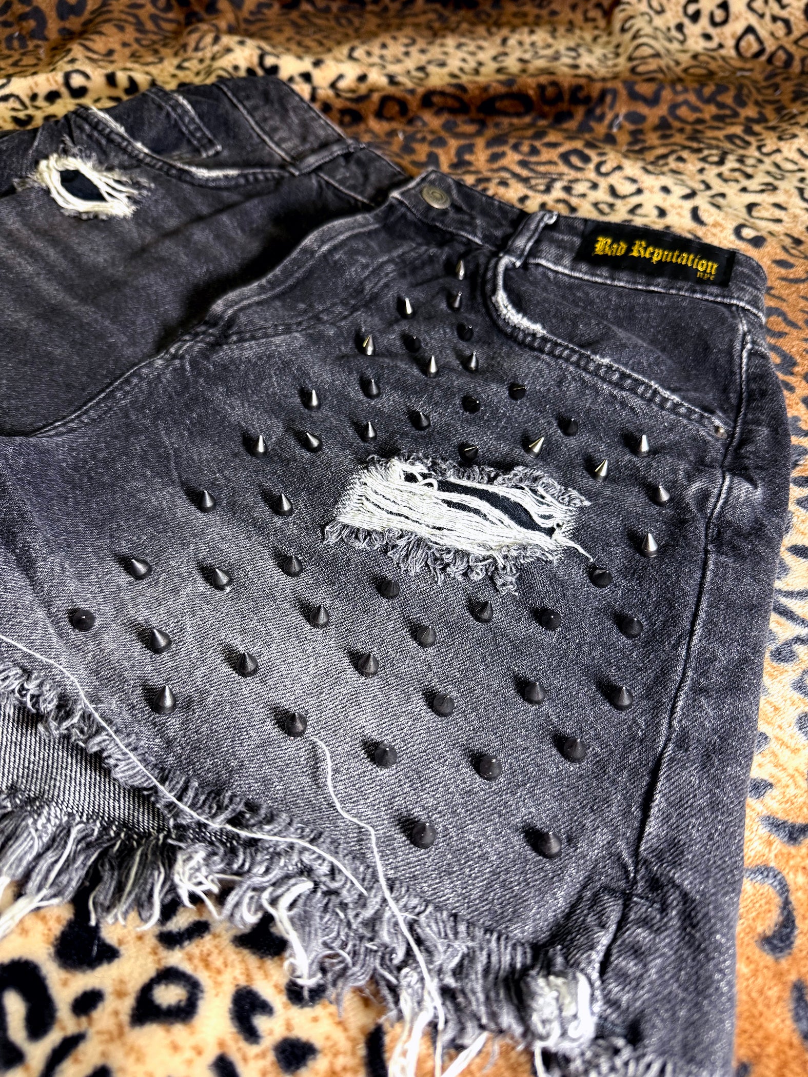 Skulls And Spikes Distressed Denim Shorts