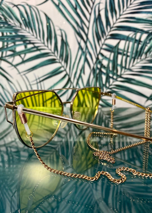 yellow glasses with gold chain affixed back view