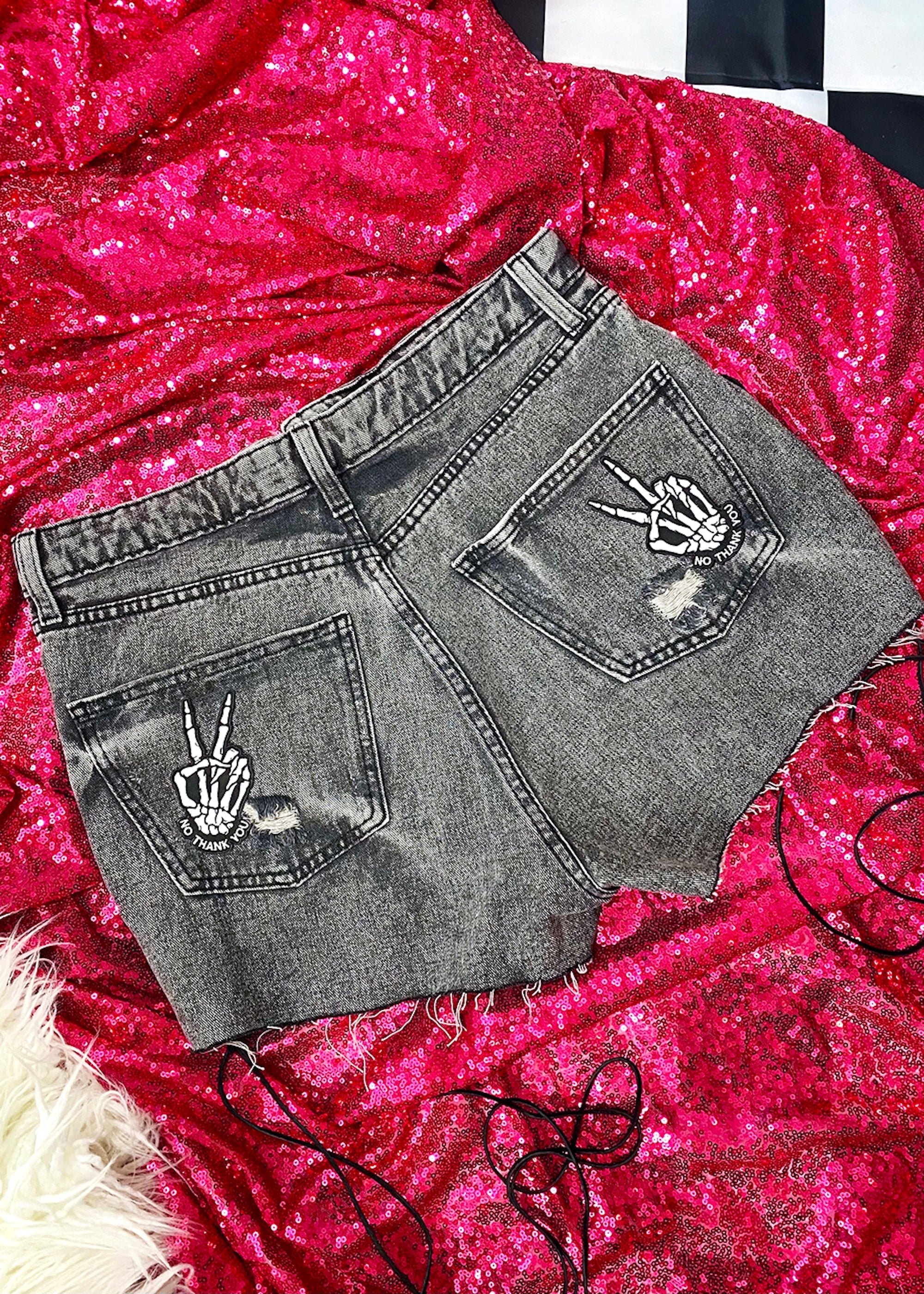 No Thank You Leather Fringe Denim Shorts Bad Reputation NYC