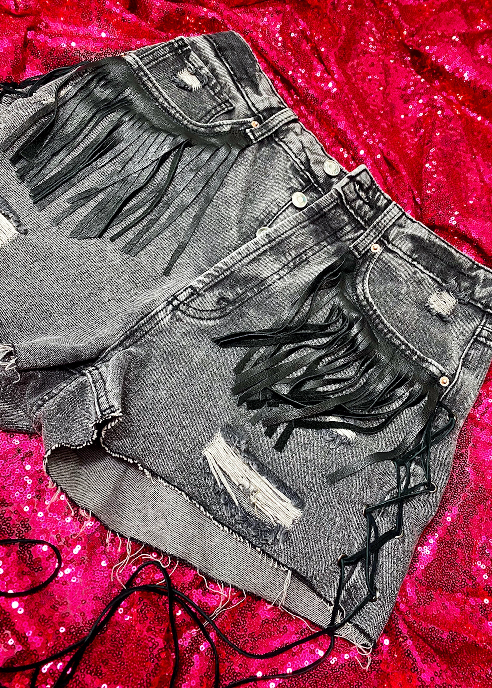 No Thank You Leather Fringe Denim Shorts Bad Reputation NYC