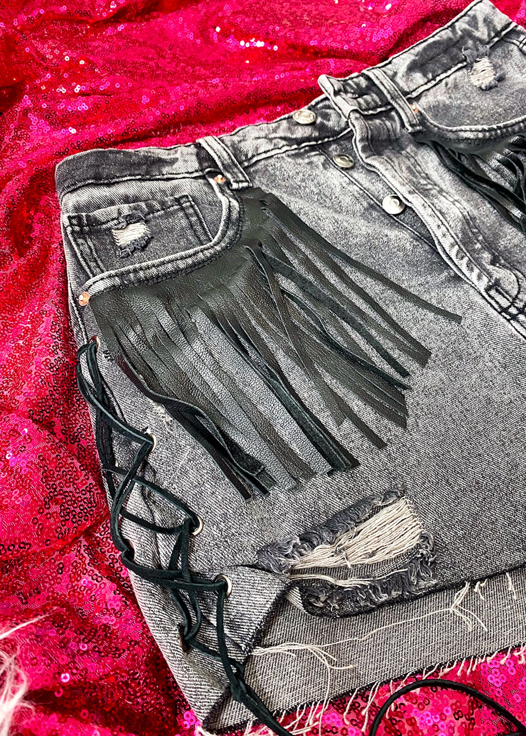 No Thank You Leather Fringe Denim Shorts Bad Reputation NYC