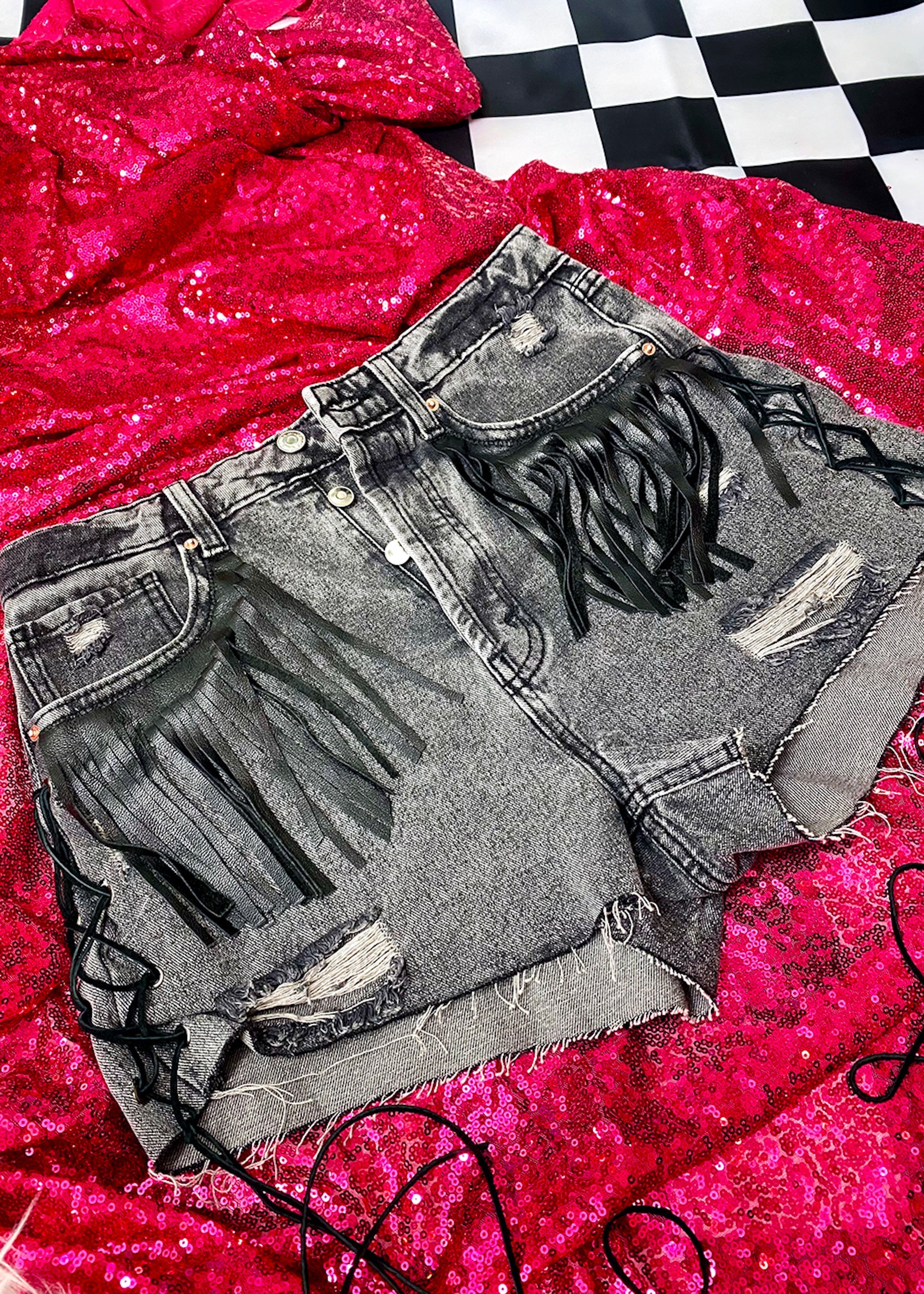 No Thank You Leather Fringe Denim Shorts Bad Reputation NYC