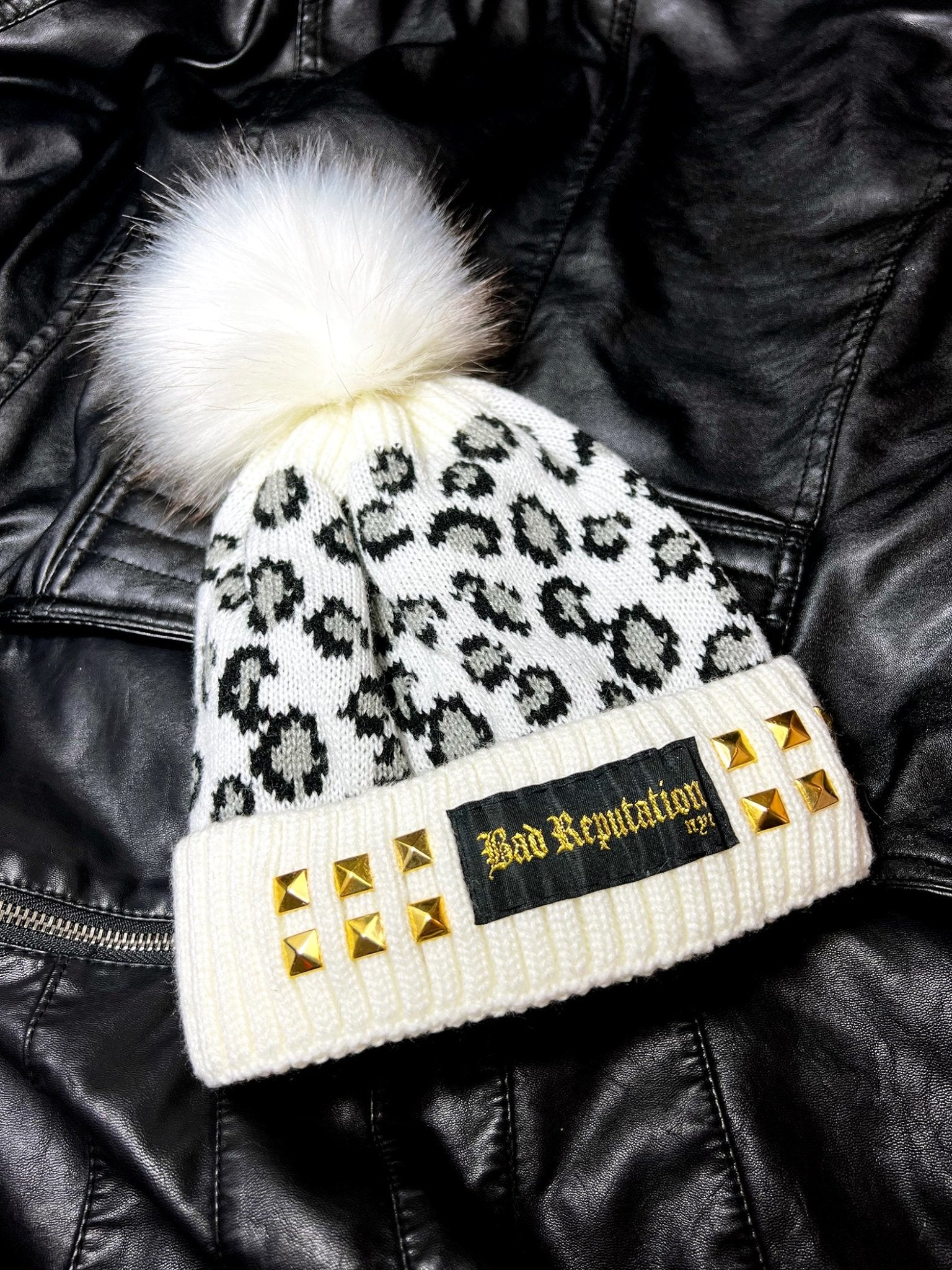 Studded White Leopard Beanie | Bad Reputation NYC