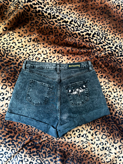 MothMan Matte Black Studded Denim Shorts