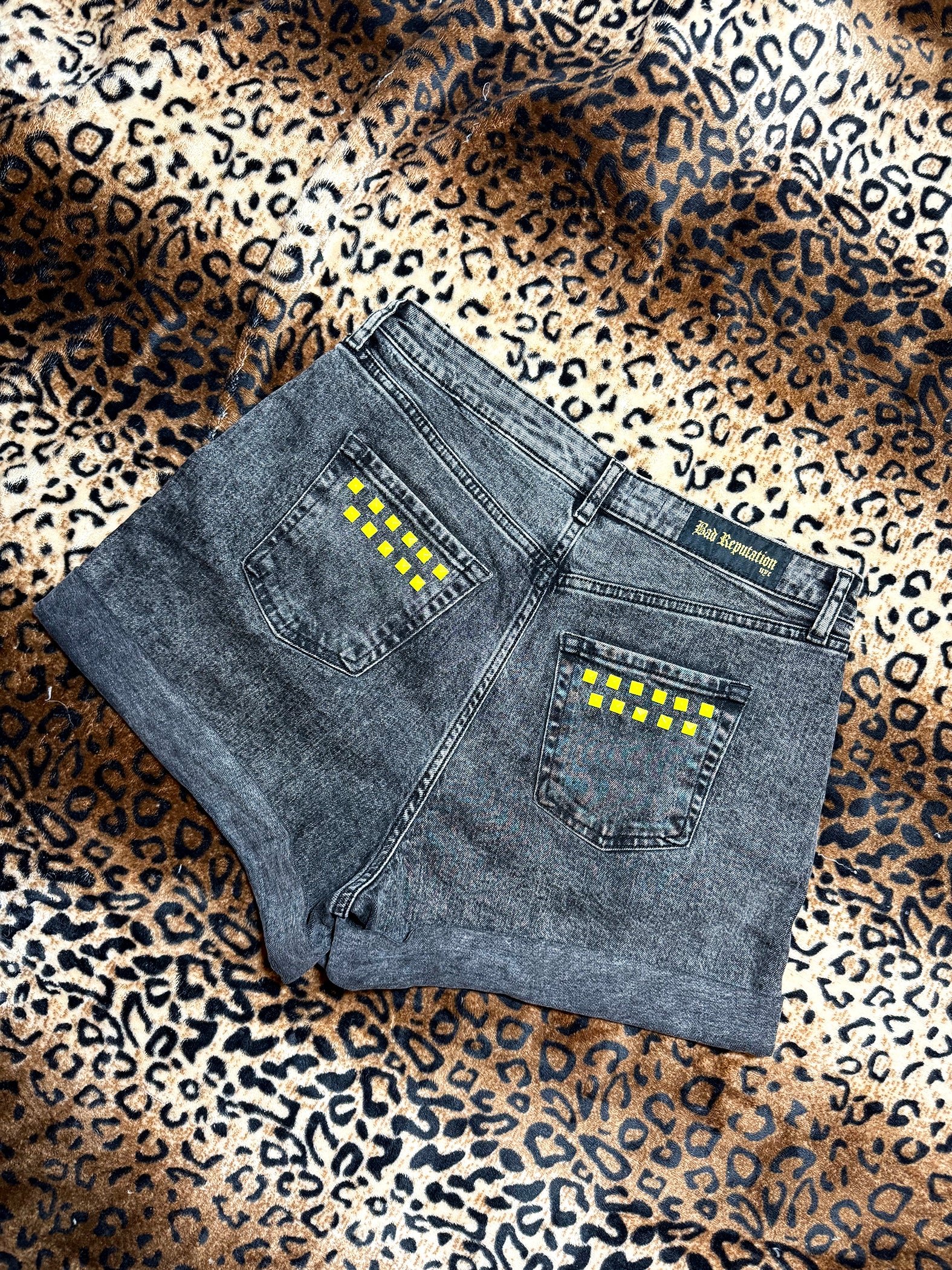 Neon Studded Cuffed Denim Shorts