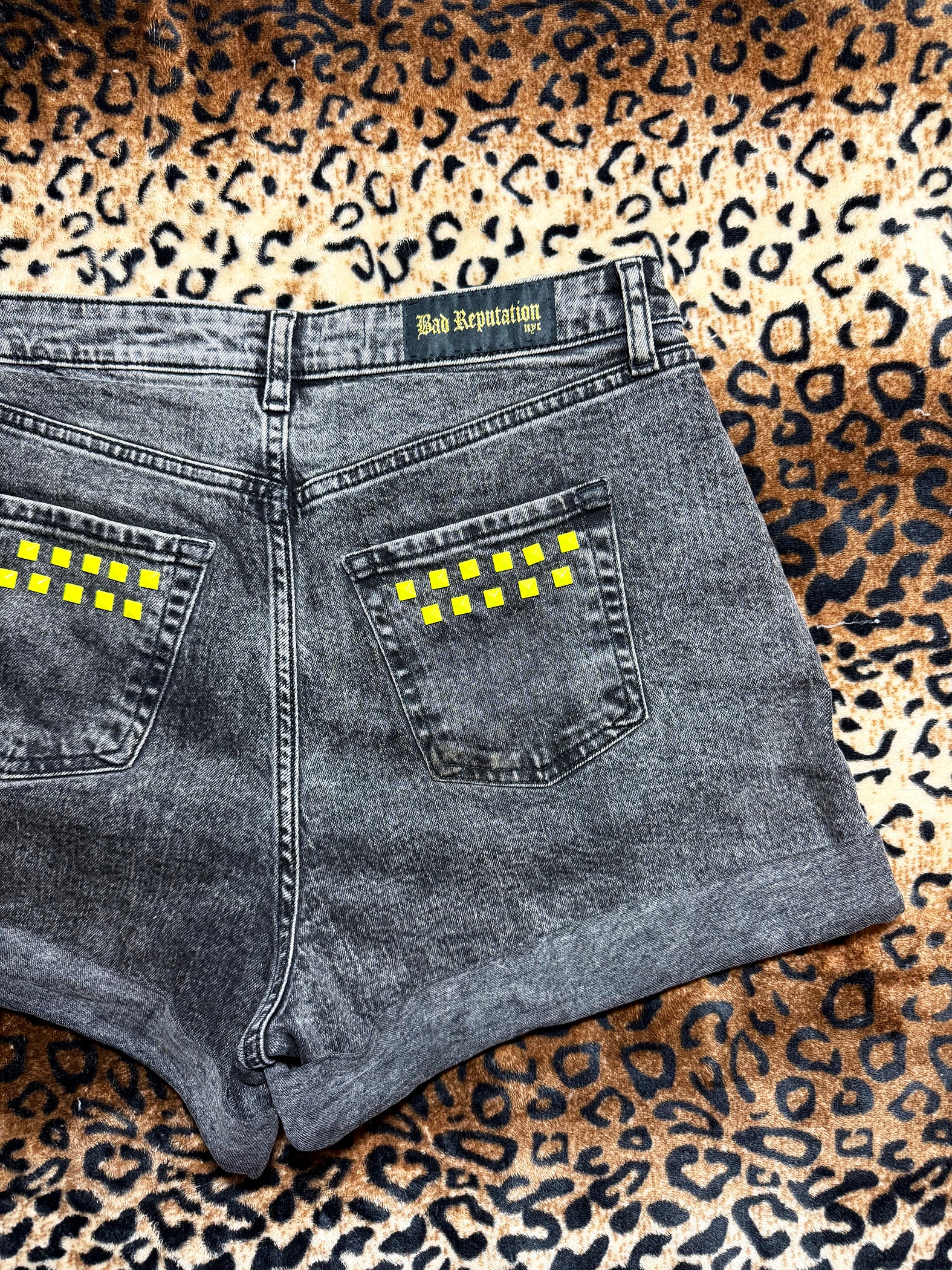Neon Studded Cuffed Denim Shorts