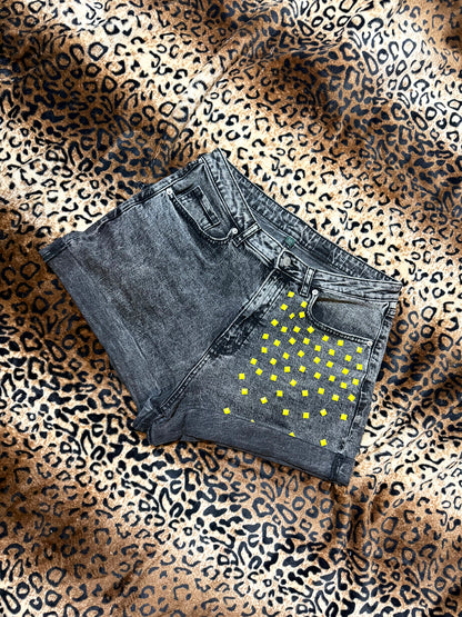 Neon Studded Cuffed Denim Shorts