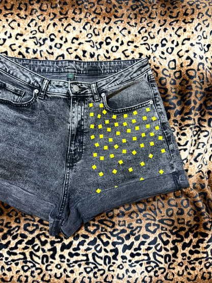 Neon Studded Cuffed Denim Shorts