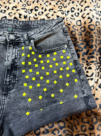 Neon Studded Cuffed Denim Shorts