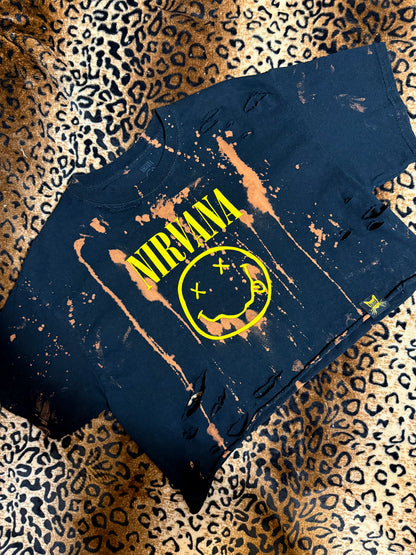 Nirvana Smiley Face Distressed Bleach Dye Crop Top