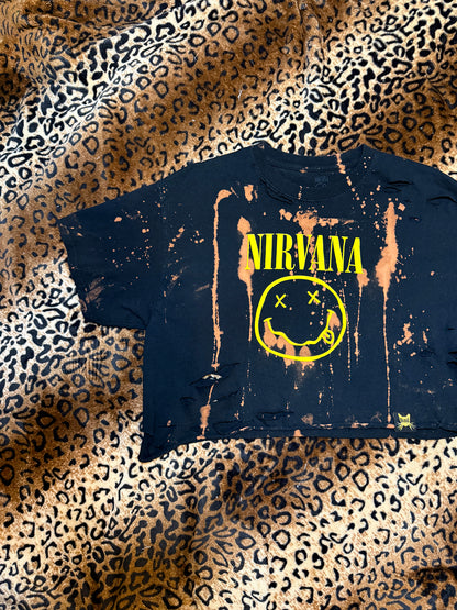 Nirvana Smiley Face Distressed Bleach Dye Crop Top