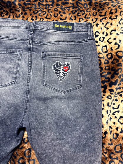 Red Studded Distressed Denim Shorts