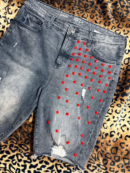 Red Studded Distressed Denim Shorts