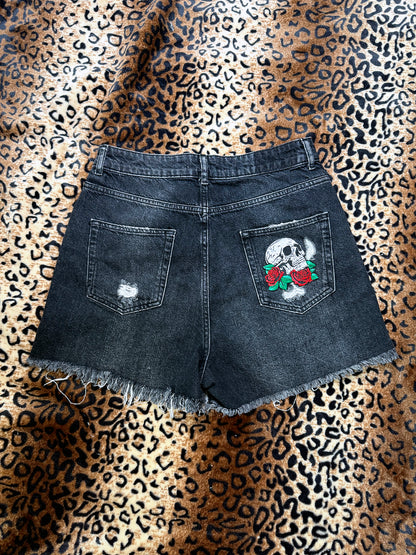 Skulls And Spikes Distressed Denim Shorts