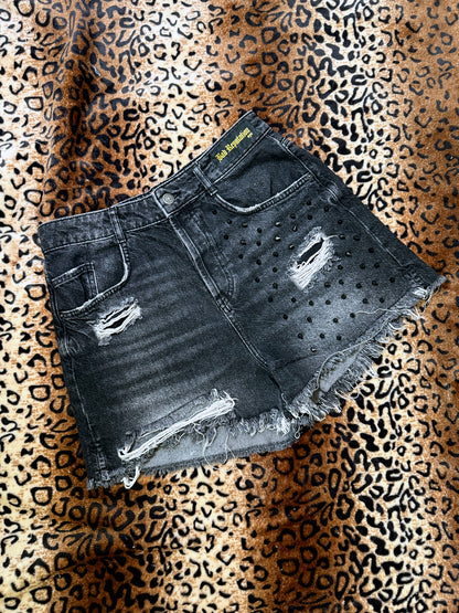 Skulls And Spikes Distressed Denim Shorts