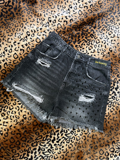 Skulls And Spikes Distressed Denim Shorts