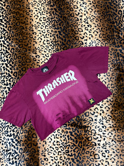 Thrasher Burgundy Distressed Bleach Dye Crop Top