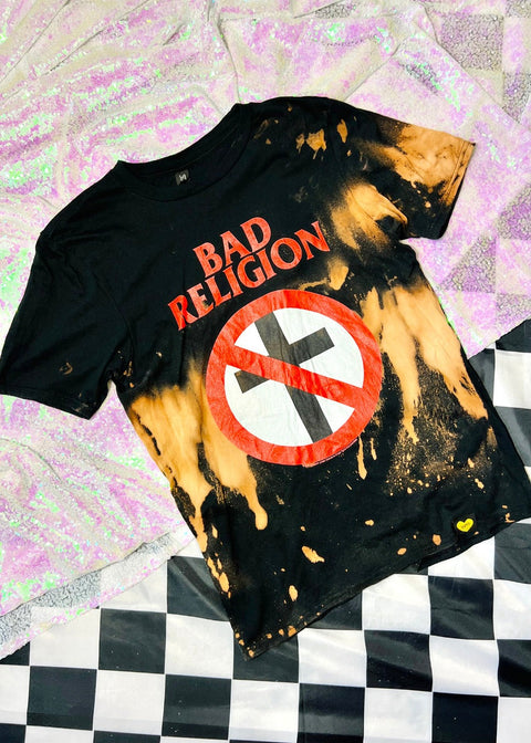 bad religion bleach dye band t shirt on a sequin background