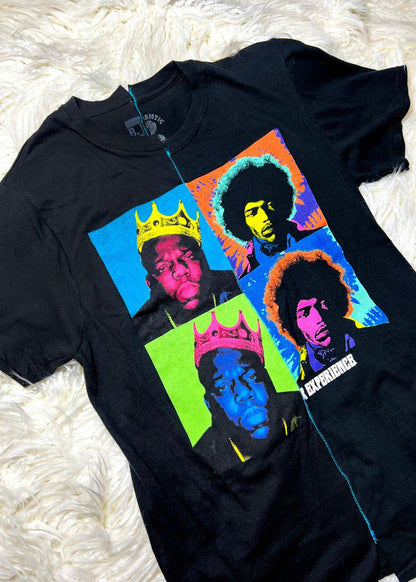 black t shirt on a white furry background angled view