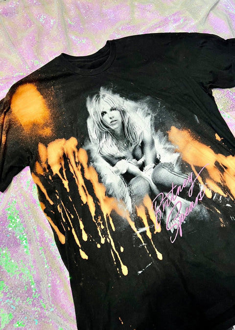 britney spears bleach dye t shirt on a sequin background detail view
