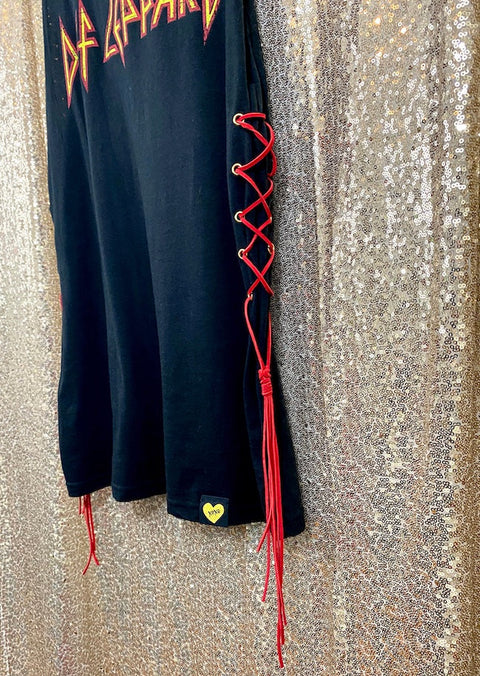 black def leppard oversized muscle tank on gold background detail view of red leather side lacing and tassel