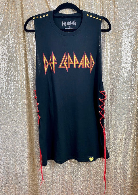 black def leppard oversized muscle tank on gold background