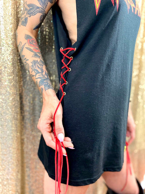 black def leppard oversized muscle tank on tattooed model detail view of red leather side lacing