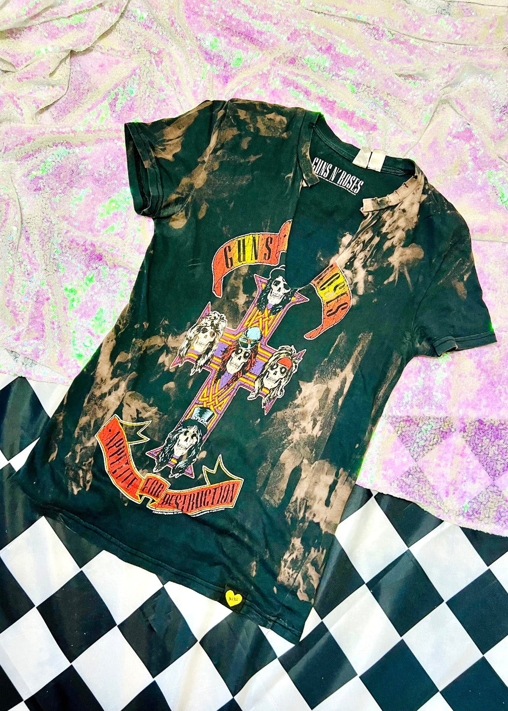 guns n roses bleach dye t shirt on a sequin background full view