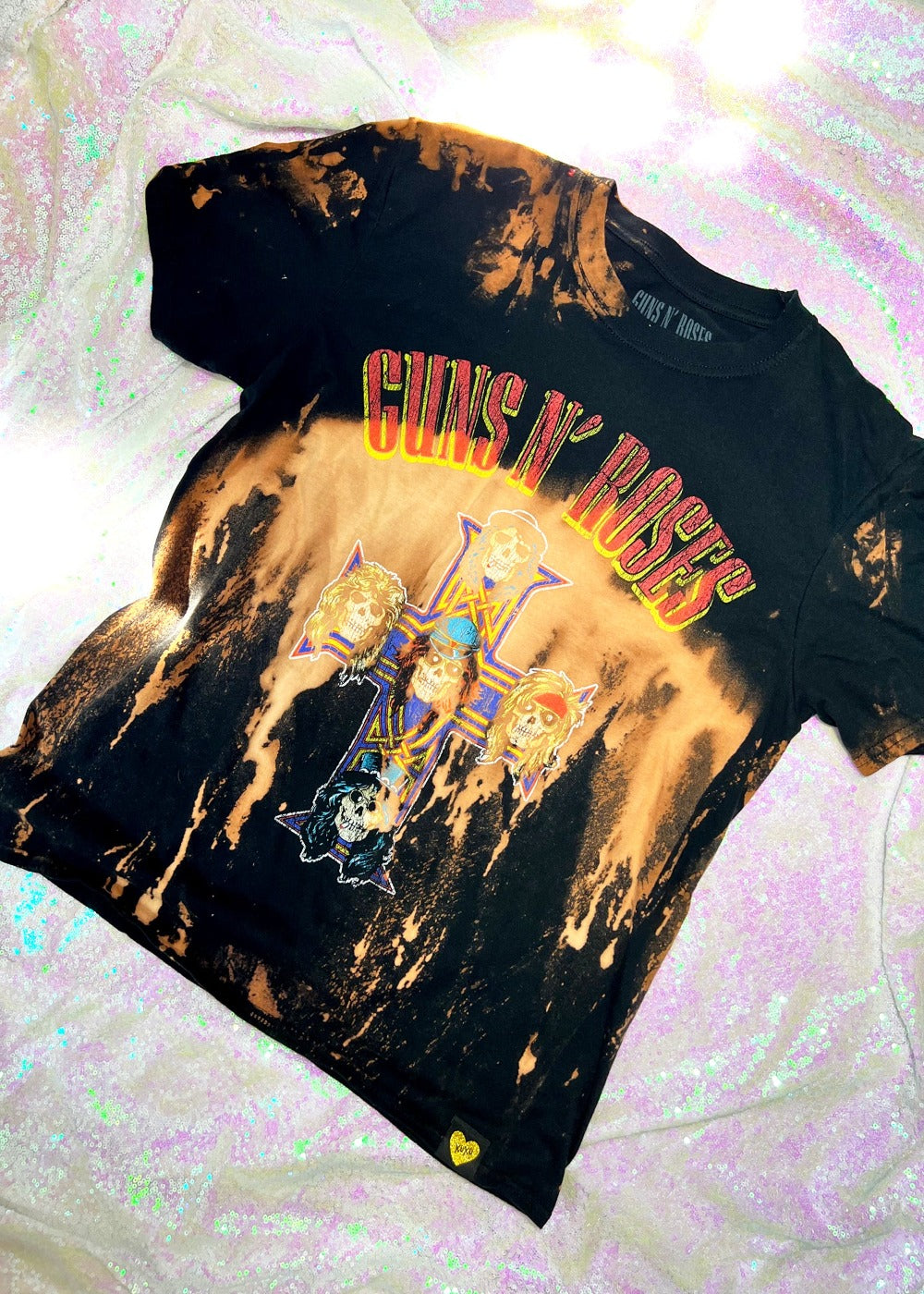 bleach dye t shirt on a holo background