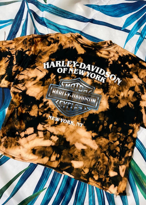 back of bleach dyed harley davidson crop top on a palm background 