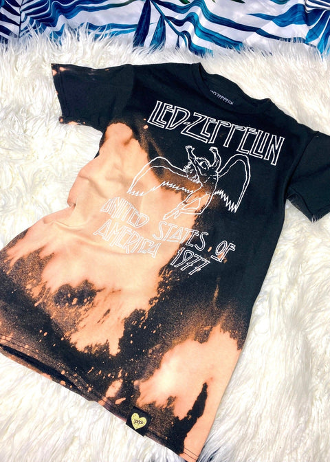 led zeppelin black bleach dyed t shirt on a white furry background