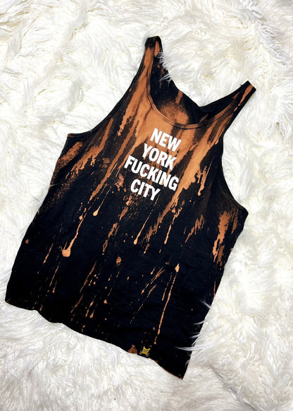 bleach dyed tank top on a white furry background