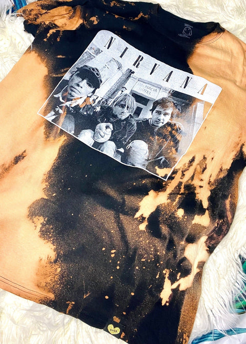nirvana band photo on black bleach dyed t shirt close up photo