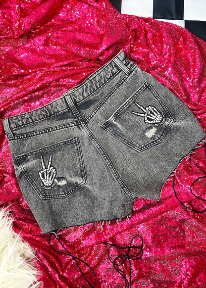 No Thank You Leather Fringe Denim Shorts Bad Reputation NYC