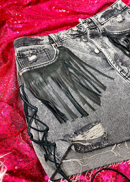 No Thank You Leather Fringe Denim Shorts Bad Reputation NYC