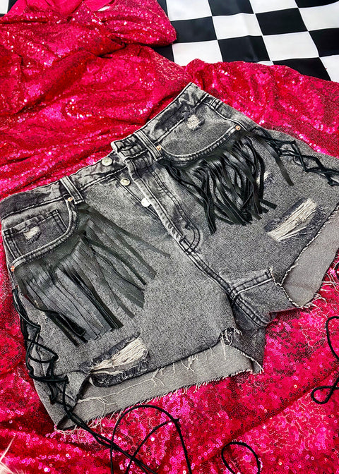 No Thank You Leather Fringe Denim Shorts Bad Reputation NYC