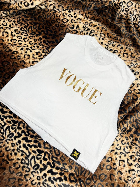 Vogue White and Gold Glitter Crop Muscle Tank | Bad Reputation NYC