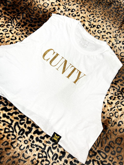 Cunty White and Gold Glitter Crop Muscle Tank | Bad Reputation NYC