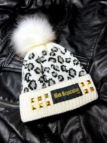 Studded White Leopard Beanie | Bad Reputation NYC