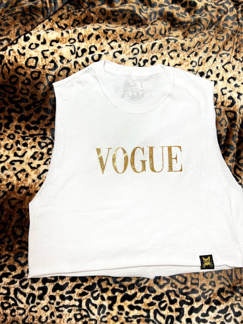 Vogue White and Gold Glitter Crop Muscle Tank | Bad Reputation NYC
