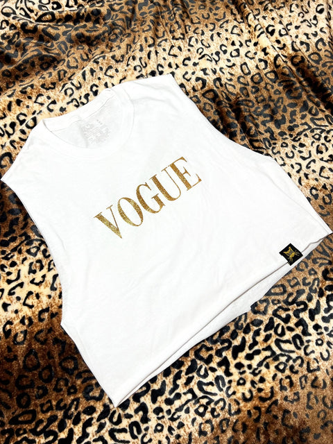 Vogue White and Gold Glitter Crop Muscle Tank | Bad Reputation NYC