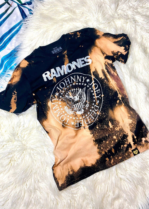 ramones bleach dye t shirt on a white furry background shot from above