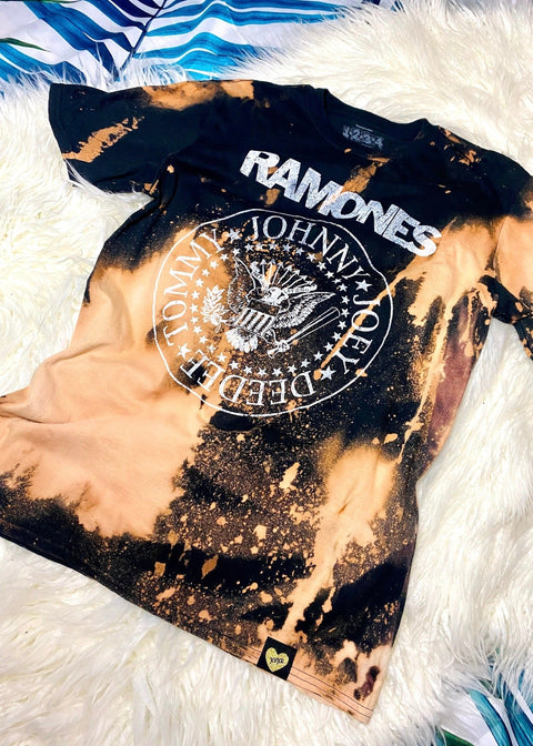 ramones bleach dye t shirt on a white furry background close up