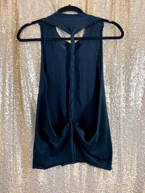 back of black ramones tank top on gold background